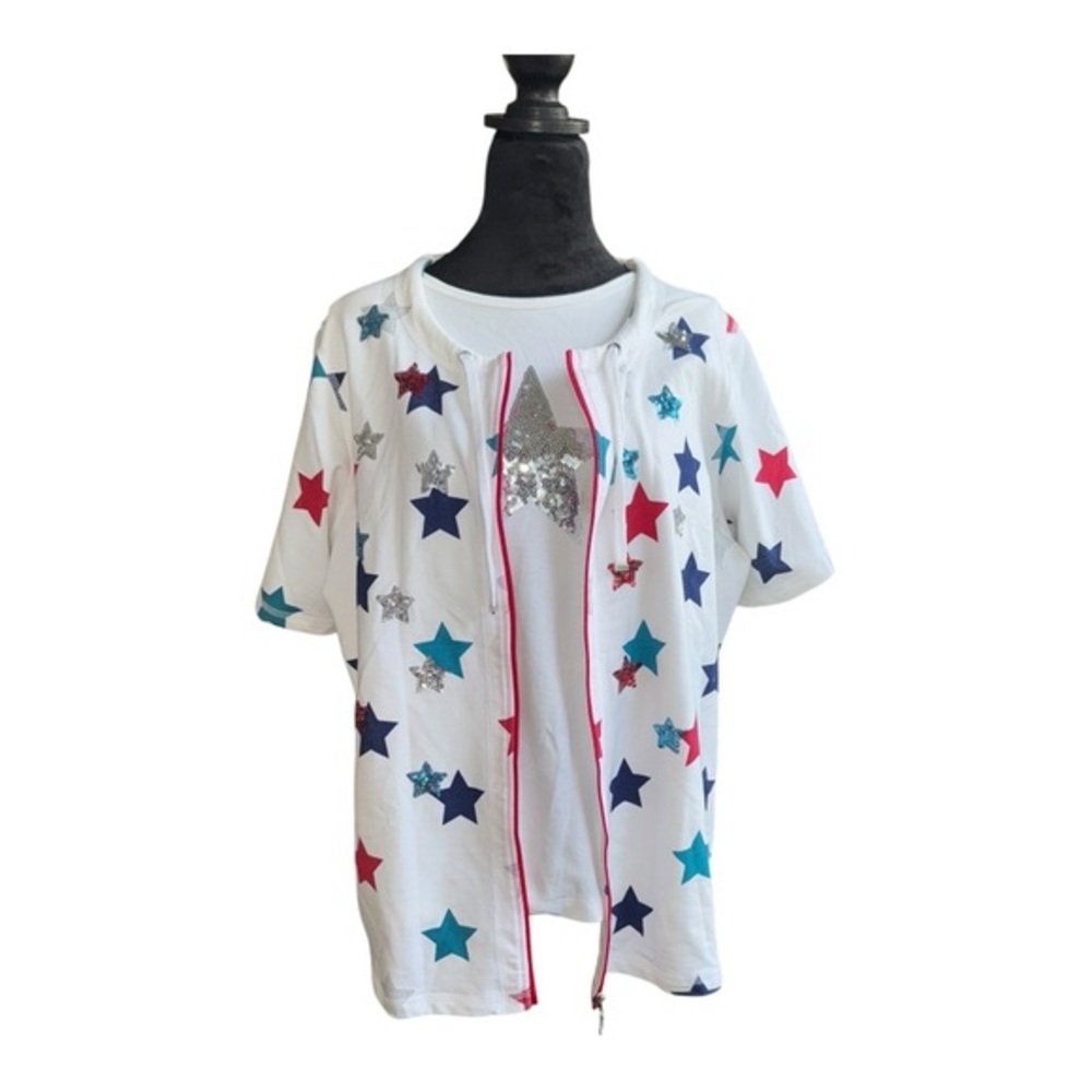 QVC Quacker‎ Factory Holiday Patriotic Set Star Jacket and tank top sz XL